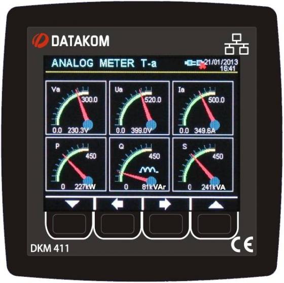 DATAKOM DKM-411 Аналізатор електричної мережі, 96x96mm, 3.5 кольоровий TFT дисплей, Ethernet, USB/Host, USB/Device, RS485, RS232, 2-дискретних входу, 2-дискретних виходів з джерелом живлення змінного струму