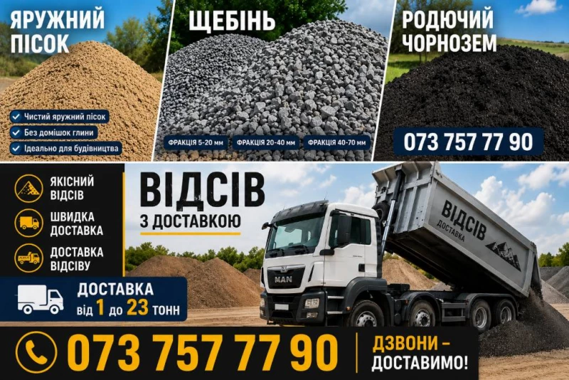Грибний компост Курячий послід Гній Перегній Пісок Чорнозем Підсипка Щебінь Відсів