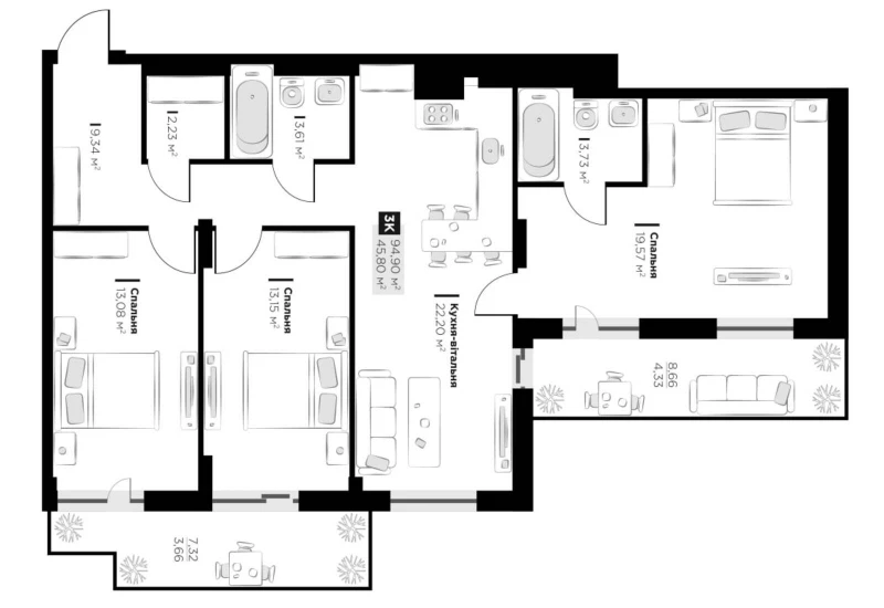 Квартира 3-кімн. продаж Винники – 45.8 м², Винники — 12/12