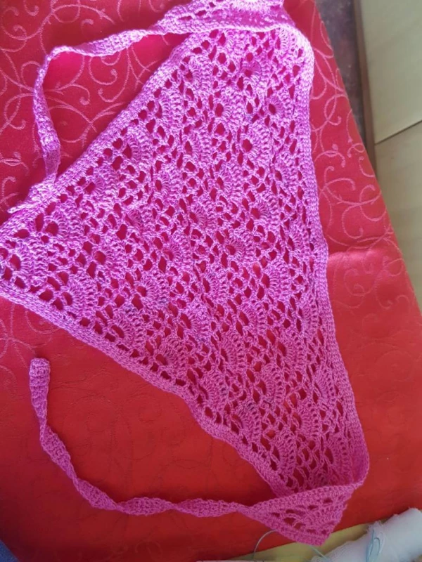 Косынка на джинсы ажурная малиновая связанная вручную Handmade 100% хлопок длина 68см + завязки (2х28) ширина 33см, Київ — 4/8