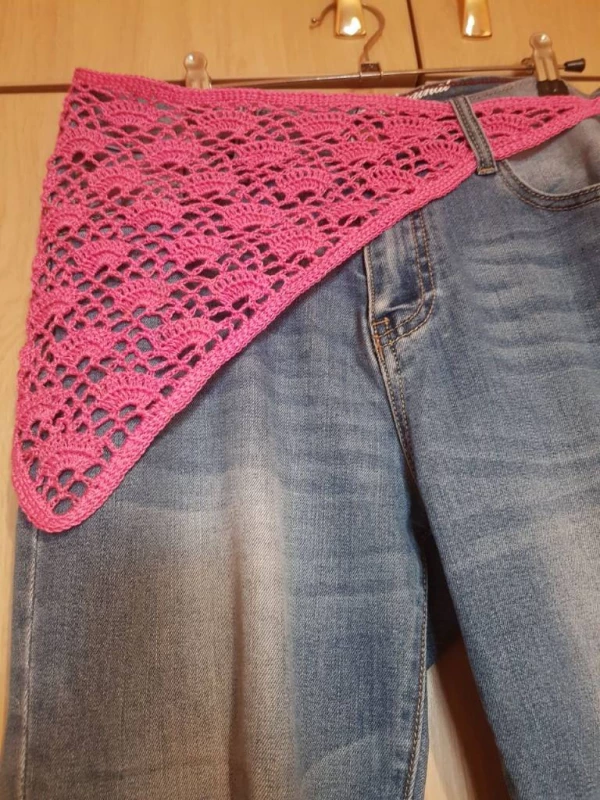 Косынка на джинсы ажурная малиновая связанная вручную Handmade 100% хлопок длина 68см + завязки (2х28) ширина 33см, Київ — 8/8