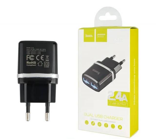 Зарядний пристрій Hoco C12, 2 USB 2.4 A, чорний