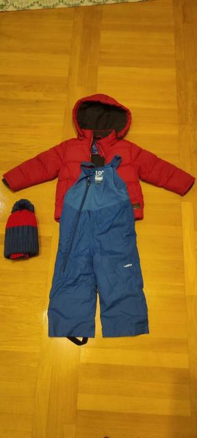 Куртка Rebel вік 3-4 червоного кольору, напівкомбінезон синього кольору, шапка з шарфом червона смуга на синьому кольорі в подарунок.