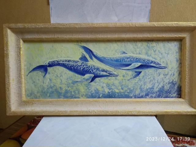 Продам картину акрилова Пара дельфінів.