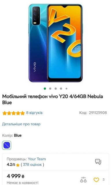 телефон vivo Y20 4/64GB Nebula Blue