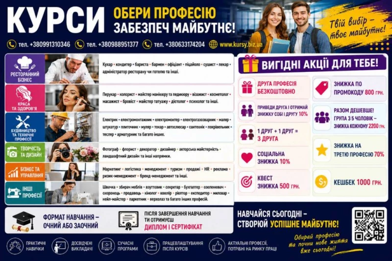 Курси зварника, кухаря, електрика, слюсаря, токаря, маляра, плиточника