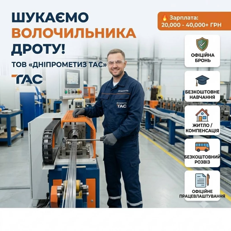 Волочильщик проволоки на завод ТОВ «Дніпрометиз ТАС» (г. Днепр)