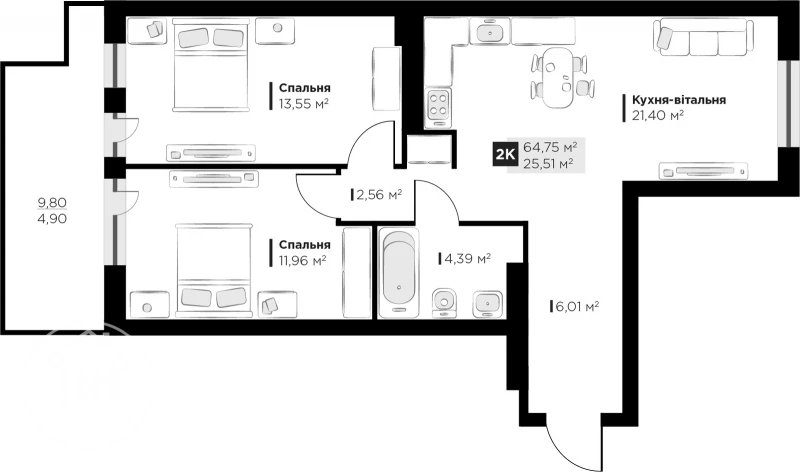 Квартира 2-кімн. продаж Винники – 26 м², Винники — 14/14