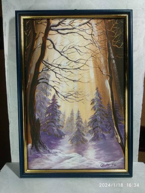 Картина Расветные лучи в заснеженном лесу