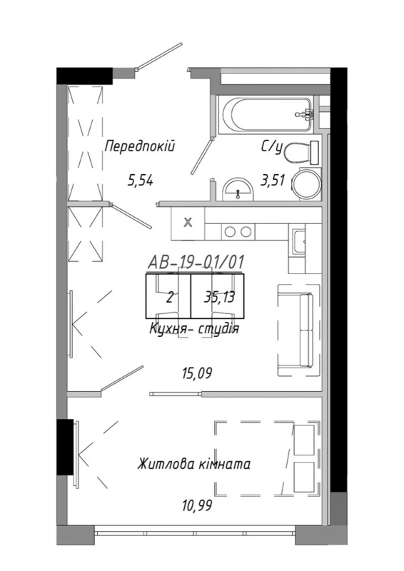 Квартира 1-кімн. продаж Авангард, Авангард – 35.13 м²