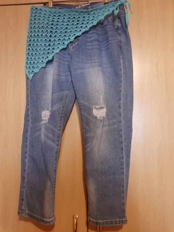 Косынка на джинсы ажурная бирюзовая связанная вручную Handmade 100% хлопок длина 68см + завязки (2х28) ширина 33см, Київ — 3/8