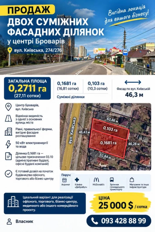 Продаж фасадних земельних ділянок у центрі Броварів